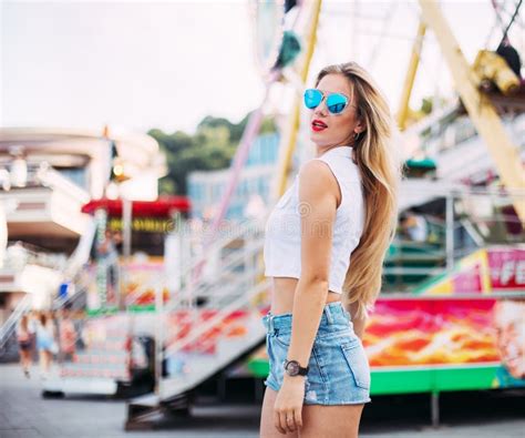 Beautiful Blonde Woman Wearing Sunglasses Close Up Portrait Of A Young