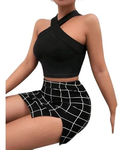 Conjunto De Top Y Falda Bajo Con Abertura De Cuadros Mercadolibre