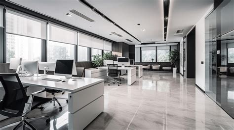 Premium AI Image | A modern office with a white desk and a large window