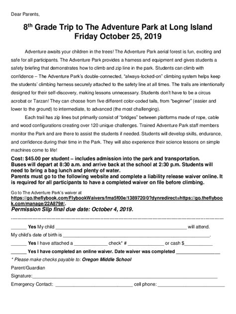 Fillable Online Adventurepark Field Trip Permission Letter Fax Email Print Pdffiller