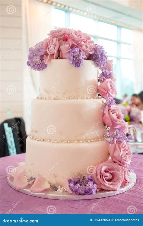 Wedding Cake With Pink And Purple Flowers Stock Image Image Of