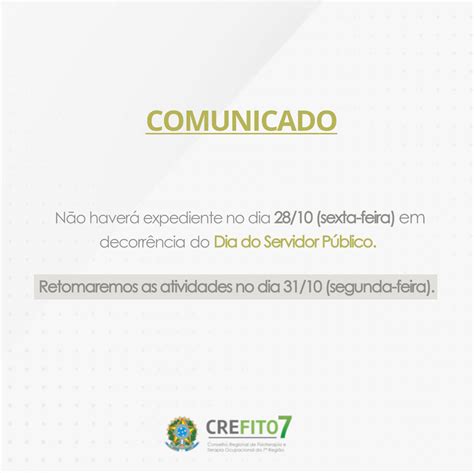 COMUNICADO DIA DO SERVIDOR PÚBLICO Conselho Regional de