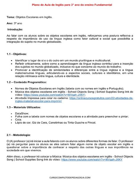 Conteúdo De Inglês 3 Ano Fundamental - Plano de Aula de Ingles para 3° Ano Do Ensino Fundamental | PDF