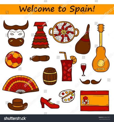 Set Of Cartoon Drawn Icons On Spain Theme Flag Bull Ball Flamenco