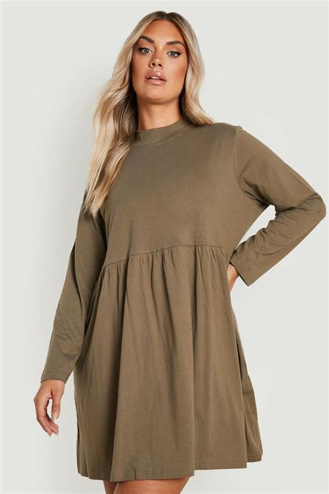 Plus Long Sleeve High Neck Smock Dress Boohoo