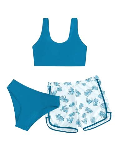 Cozyease Girls Piece Swimsuit Tropical Print Bikini Bathing Suit With Shorts Teal Blue Y