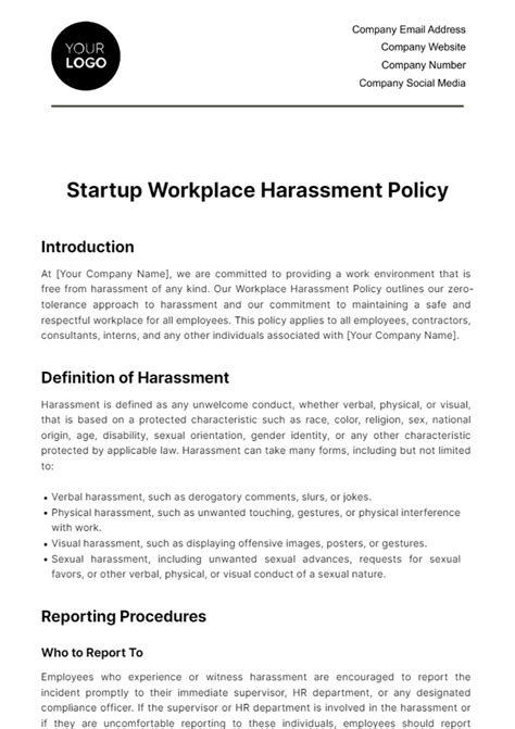 Free Startup Workplace Harassment Policy Template Edit Online