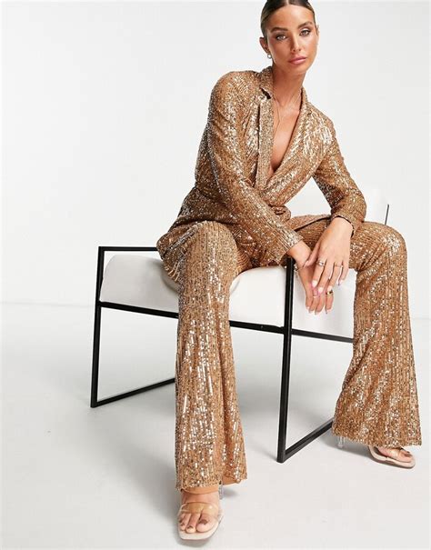 Asos Design Jersey Sequin Suit Kick Flare Trouser In Rose Gold