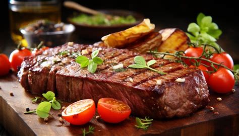 Grilled Steak On Wood Plate Juicy And Tender Generated By Ai Stock