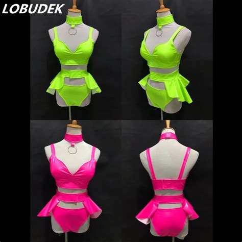 Sexy Fluorescent Elastic Lacquer Split Bikini Set Bar Party Rave Outfits Female DJ Gogo Dance