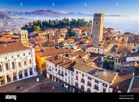 Bergamo Italy Piazza Vecchia And Torre Del Gombito View From