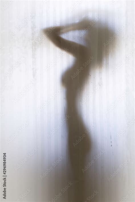 Beautiful Naked Woman Behind A Bathroom Curtain Perfect Female Body Silhouette Stock Photo