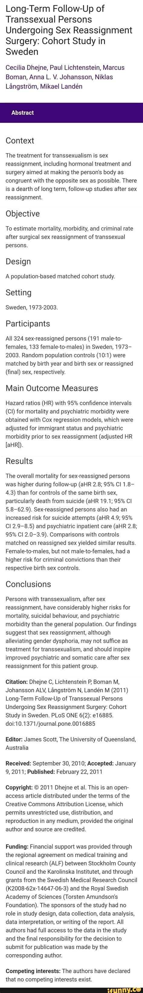 Long Term Follow Up Of Transsexual Persons Undergoing Sex Reassignment Surgery Cohort Study In