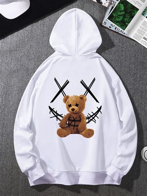 Men Bear Print Kangaroo Pocket Drawstring Hoodie Unique Hoodies