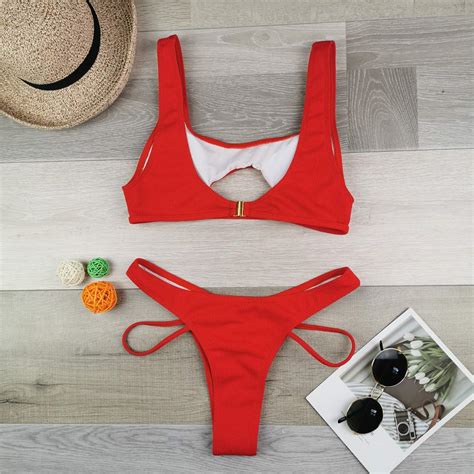 Snapklik Womens Sexy Scoop Neck Padded Cutout Strappy Thong Bikini Set Swimsuit Red
