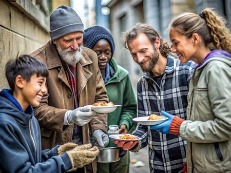 A group of students helping a homeless man with food pantries | Premium
