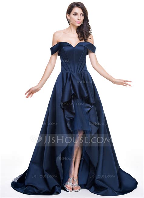 A Lineprincess Off The Shoulder Asymmetrical Satin Evening Dress With Cascading Ruffles