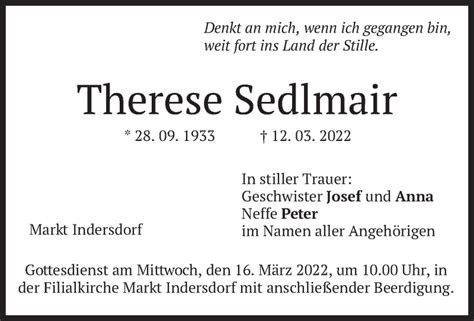 Traueranzeigen Von Therese Sedlmair Trauer Merkur De