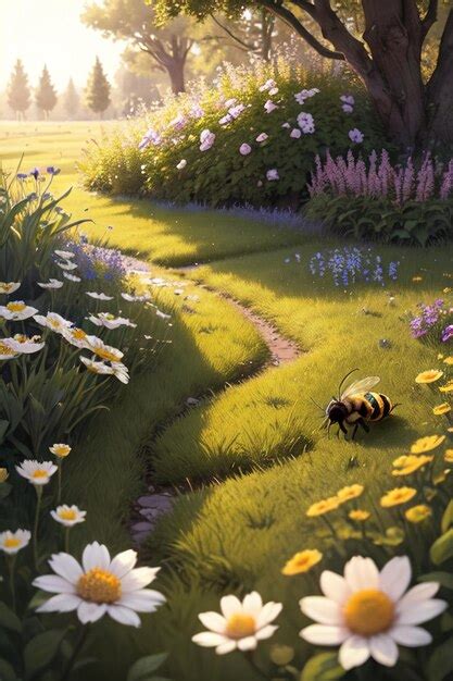 Premium Photo A Painting Of A Bee On A Meadow With Flowers And A