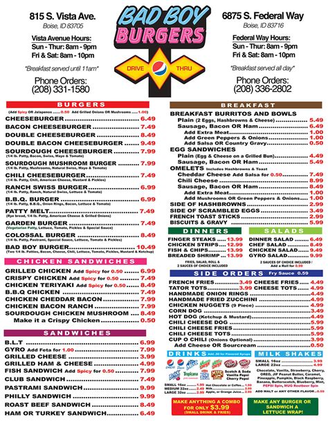 Menu | Fast Food Breakfast & Specials | Boise, ID | Bad Boy Burgers