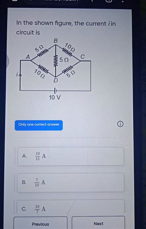 In The Shown Figure The Current I In Circuit Is Only One Correct Answer