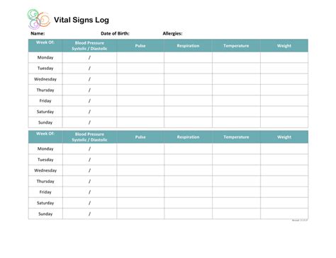 Printable Vital Signs Log Sheet