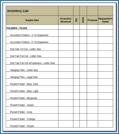 printable inventory checklist template checklist templates