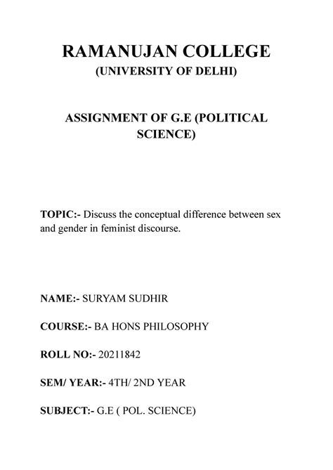 Assignment Of Ge Distinction Between Sex And Gender Ramanujan College University Of Delhi