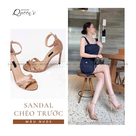 Giày cao gót sandal chéo trước nude da bóng cao p Shopee Việt Nam