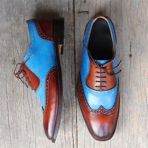 Men S Brown And Blue Leather Wingtip Oxford Shoes The Royale Leather