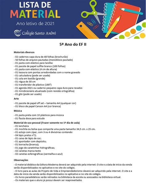 Material Escolar Para 5 Ano - Lista de Material Escolar 5º Ano | PDF
