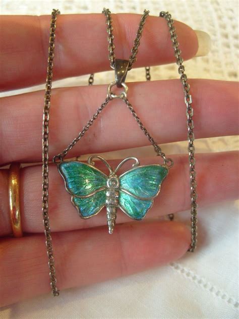 Antique CHARLES HORNER Enamel Silver Butterfly Pendant Chain