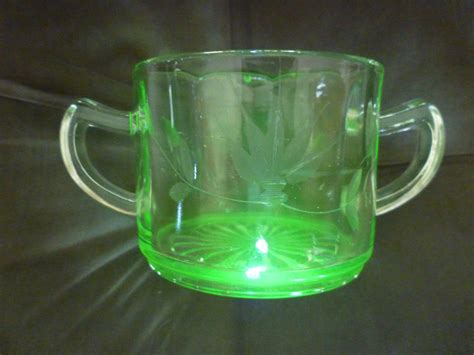 Vintage Uranium Glass Green Two Handle Sugar Bowl Etched Etsy