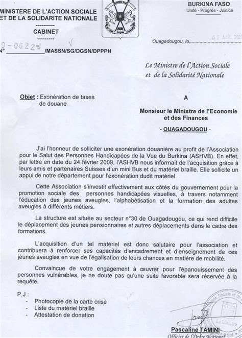 La lettre du Ministère Social du Burkina Faso Alphabétisation Braille