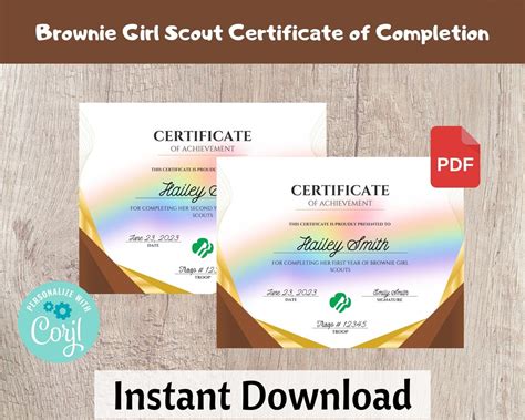 Brownie Girl Scout St And Nd Year Certificate Of Completion