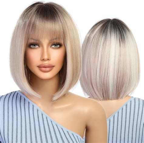 KOME Short Bob Wigs For Women Ombre Blonde Highlight Bob Wig With Bangs