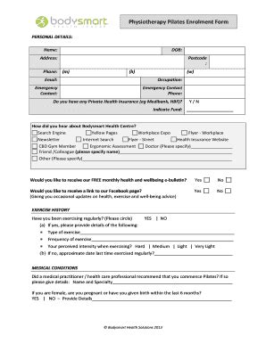 Fillable Online Physiotherapy Pilates Enrolment Form Fax Email Print