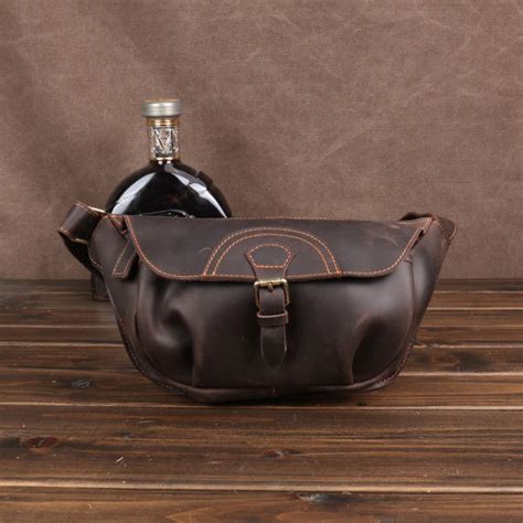 Coffee Leather Saddle Side Bag Messenger Bags Crossbody Pack For Men