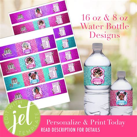 Spa Party Water Bottle Label Editable Personalize Water Bottle Labels Slumber Party Pamper