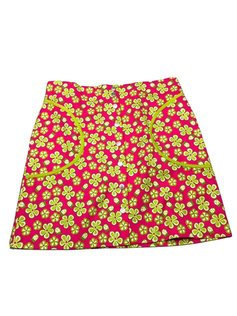 Vtg Lilly Pulitzer Pink Green Floral Print A Line Short Button Up Skirt