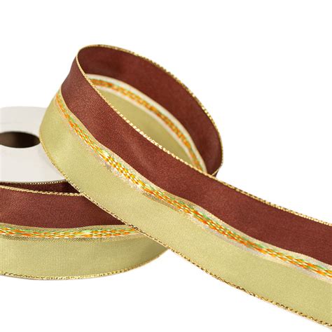 Brown And Green Taffeta Stitch Gold Wired Edge Ribbon Ribbon