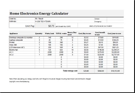 Electric Energy Cost Calculator Template For Excel Energy Calculator