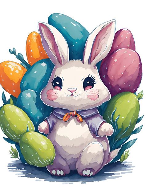 Watercolor Spring Illustrated Postcard Of Cute Bunny With Easter Eggs