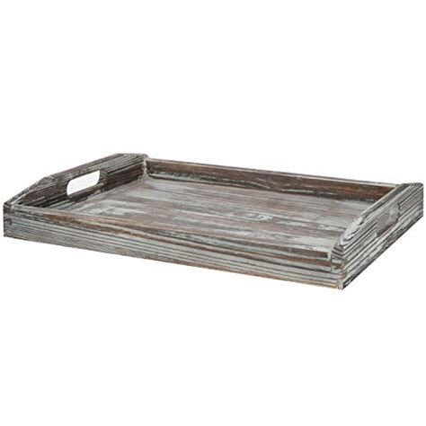 MyGift Rustic Torched Wood Serving Tray With Handles Farmhouse Ottoman