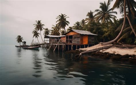 Una Casa Sobre El Agua Con Una Palmera Al Fondo Foto Premium