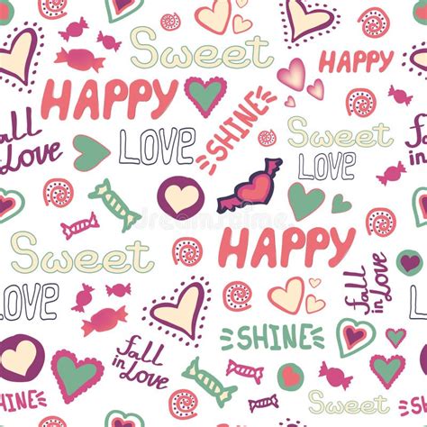 Seamless Pattern Doodle Hearts Love Happy Sweet Words Repeat. Vector ...