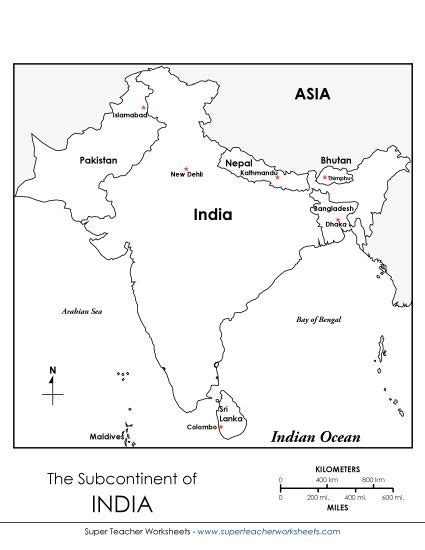 india map printable maps indian subcontinent  worksheet  kids