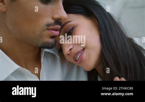 Happy Sweethearts Bonding At Evening Street Closeup Latina Woman Putting Head On Husband