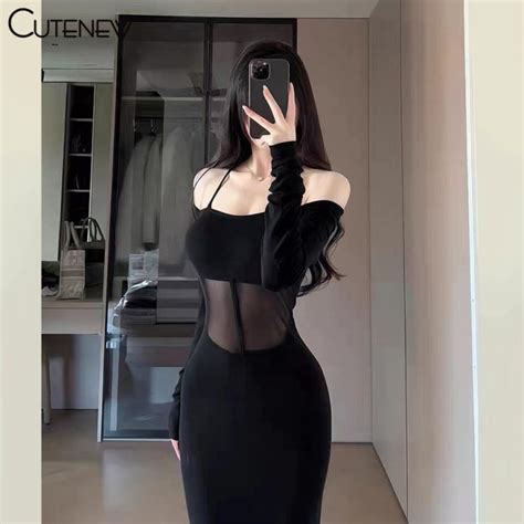 Cutenew Vintage Elegant Sexy Mature Women Off Shoulder Long Sleeve Slim Maxi Bodycon Maxi