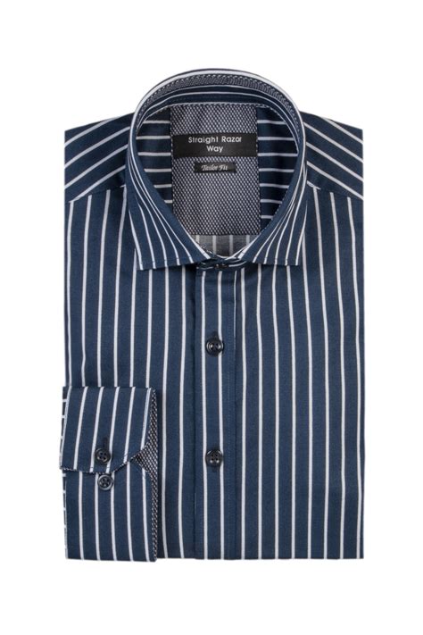 Blue Cotton Shirt With White Stripes Straight Razor Way